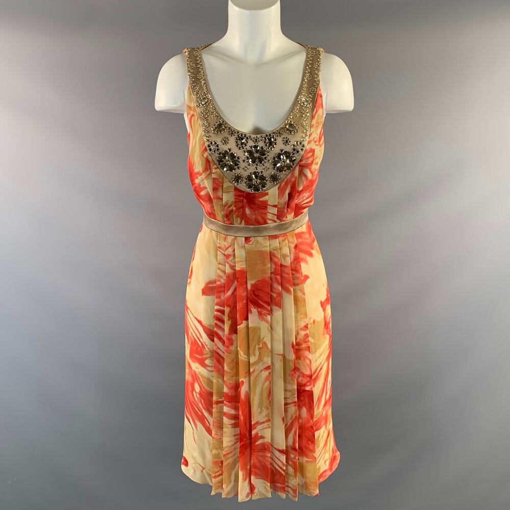 CARMEN MARC VALVO Size 6 Tan Coral Silk Floral Pleated Knee Length Dress